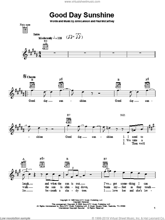 Good Day Sunshine sheet music for ukulele by The Beatles, John Lennon and Paul McCartney, intermediate skill level