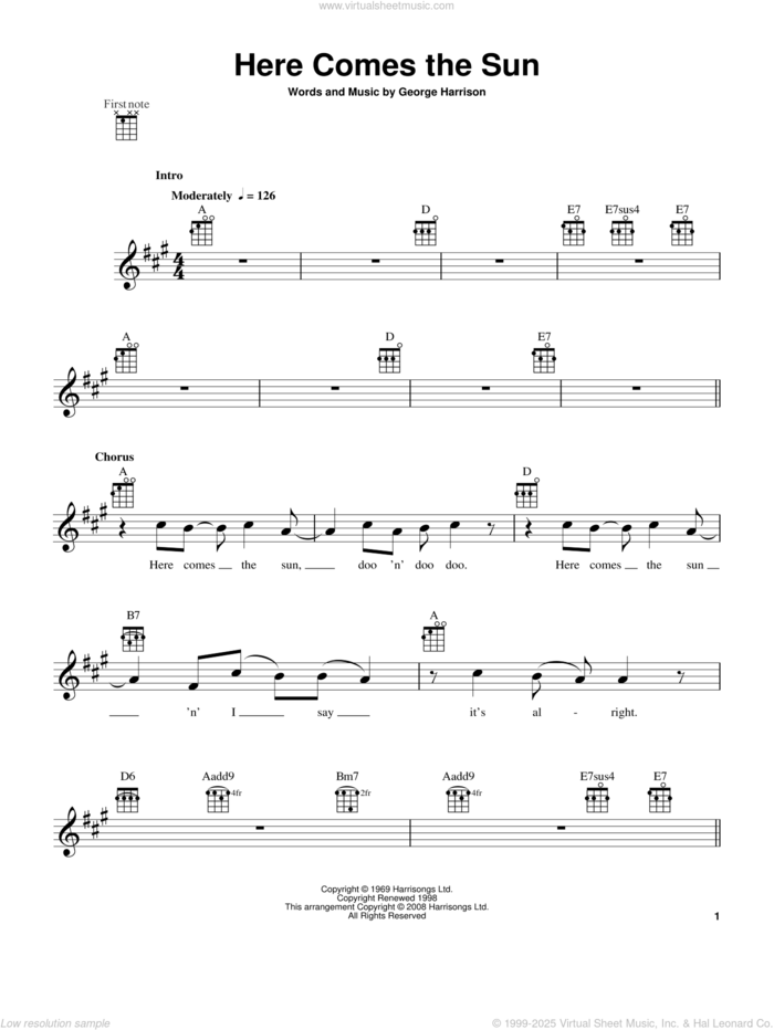 Here Comes The Sun sheet music for ukulele by The Beatles and George Harrison, intermediate skill level