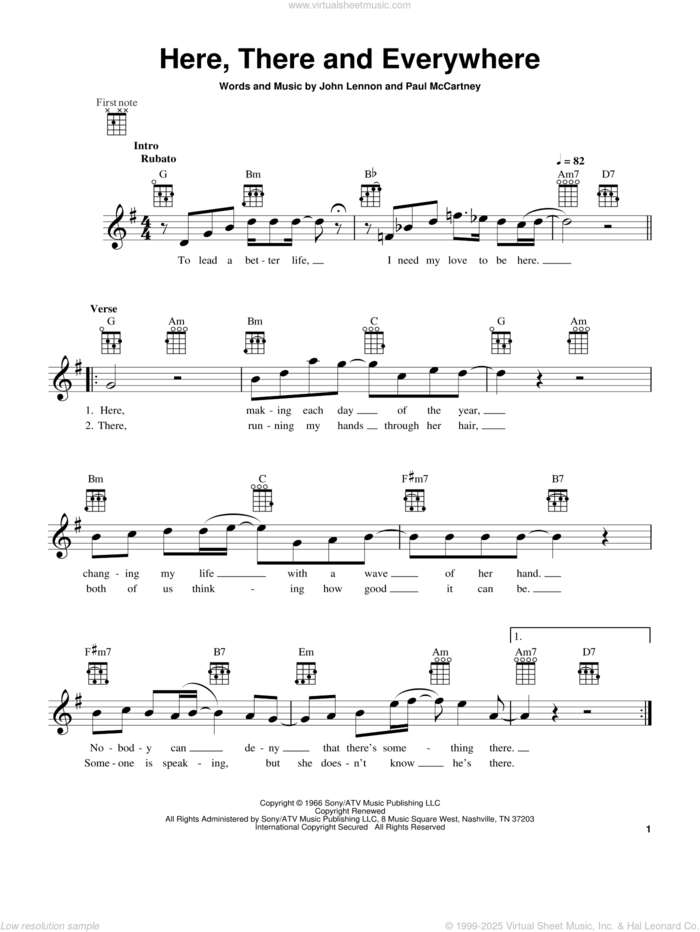 Here, There And Everywhere sheet music for ukulele by The Beatles, John Lennon and Paul McCartney, wedding score, intermediate skill level