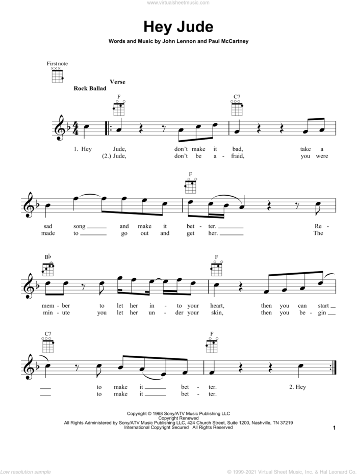 Hey Jude sheet music for ukulele by The Beatles, John Lennon and Paul McCartney, intermediate skill level