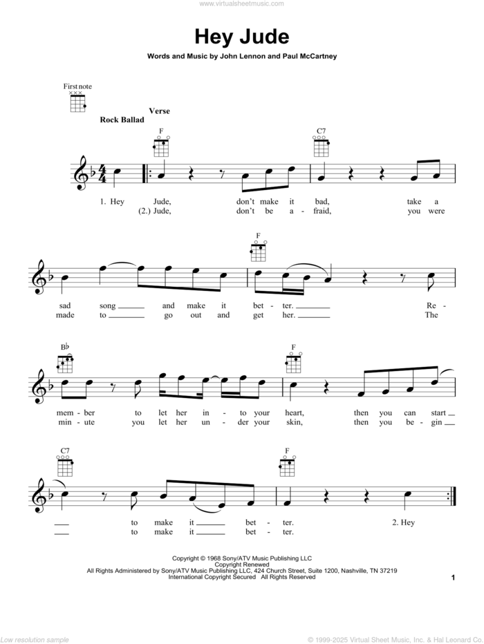 Hey Jude sheet music for ukulele by The Beatles, John Lennon and Paul McCartney, intermediate skill level