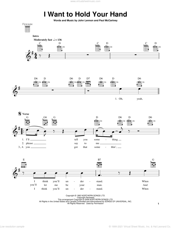 I Want To Hold Your Hand sheet music for ukulele by The Beatles, John Lennon and Paul McCartney, intermediate skill level