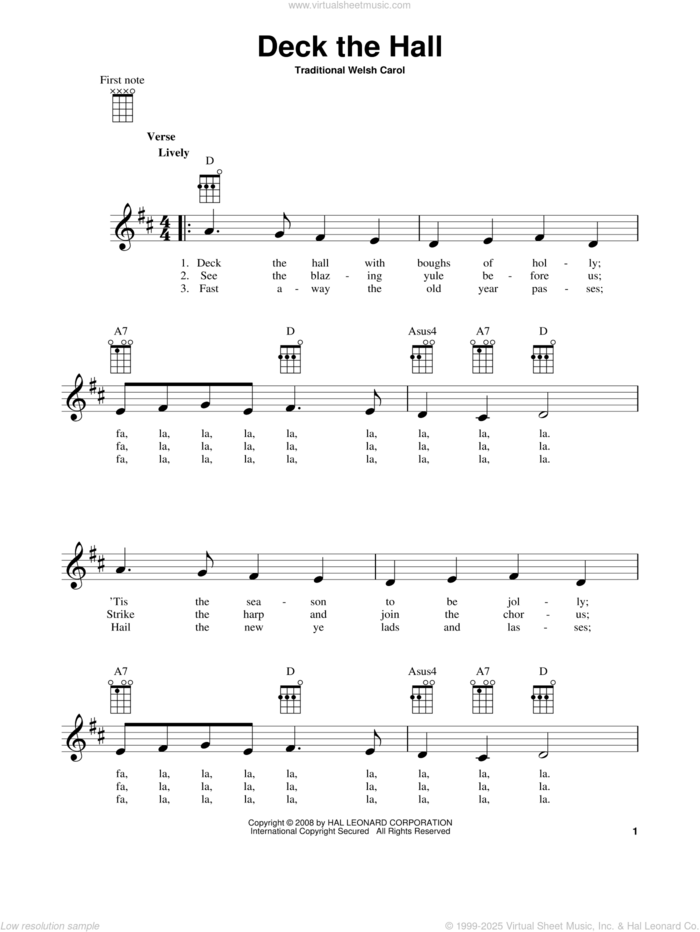 Deck The Hall sheet music for ukulele, intermediate skill level