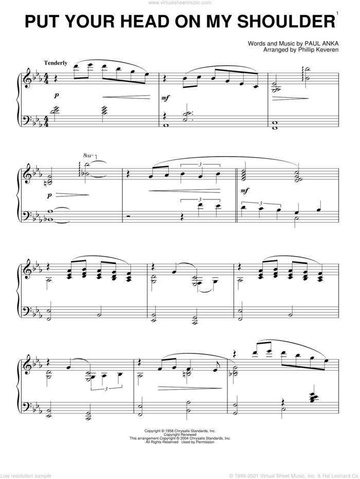 Put Your Head On My Shoulder (arr. Phillip Keveren), (intermediate) sheet music for piano solo by Paul Anka and Phillip Keveren, wedding score, intermediate skill level