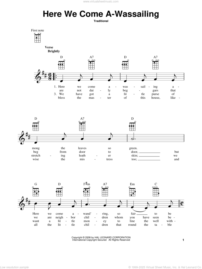 Here We Come A-Wassailing sheet music for ukulele, intermediate skill level