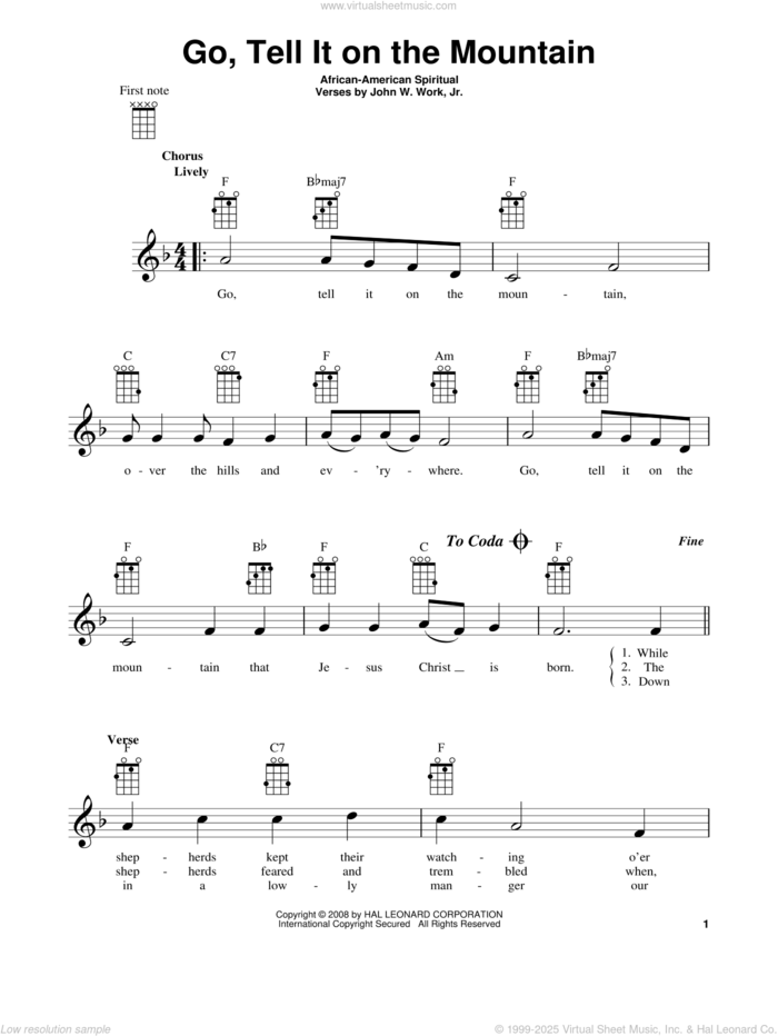 Go, Tell It On The Mountain sheet music for ukulele, intermediate skill level