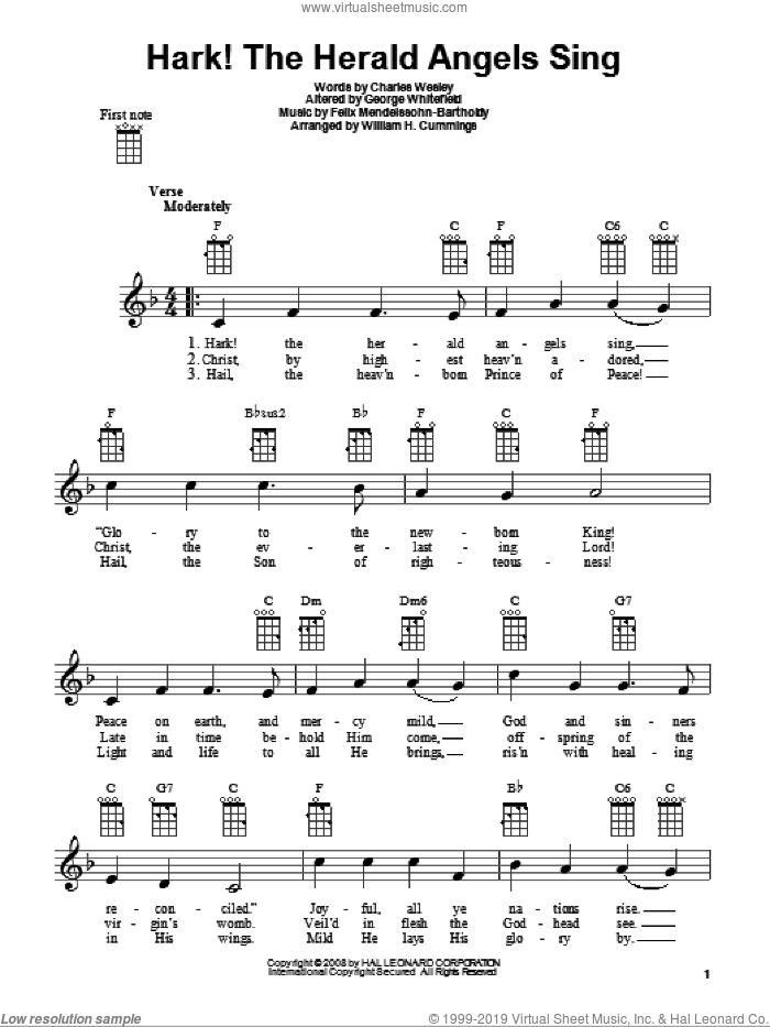 Hark! The Herald Angels Sing sheet music for ukulele by Charles Wesley, Felix Mendelssohn-Bartholdy, George Whitefield and William H. Cummings, intermediate skill level
