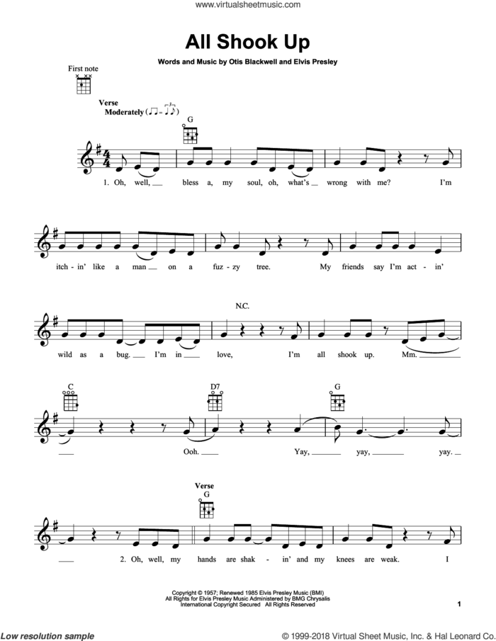 All Shook Up sheet music for ukulele by Elvis Presley and Otis Blackwell, intermediate skill level