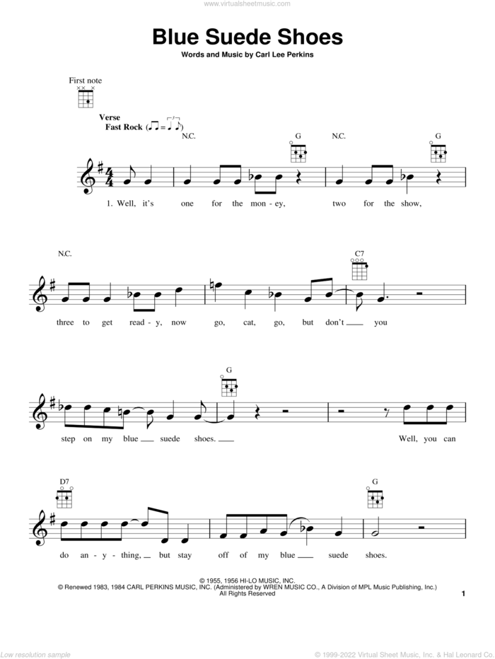 Blue Suede Shoes sheet music for ukulele by Elvis Presley and Carl Perkins, intermediate skill level