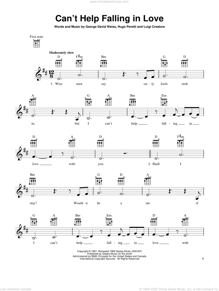 Can't Help Falling In Love sheet music for ukulele by Elvis Presley, George David Weiss, Hugo Peretti and Luigi Creatore, wedding score, intermediate skill level