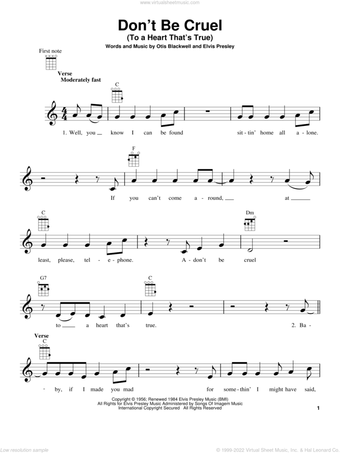 Don't Be Cruel (To A Heart That's True) sheet music for ukulele by Elvis Presley and Otis Blackwell, intermediate skill level