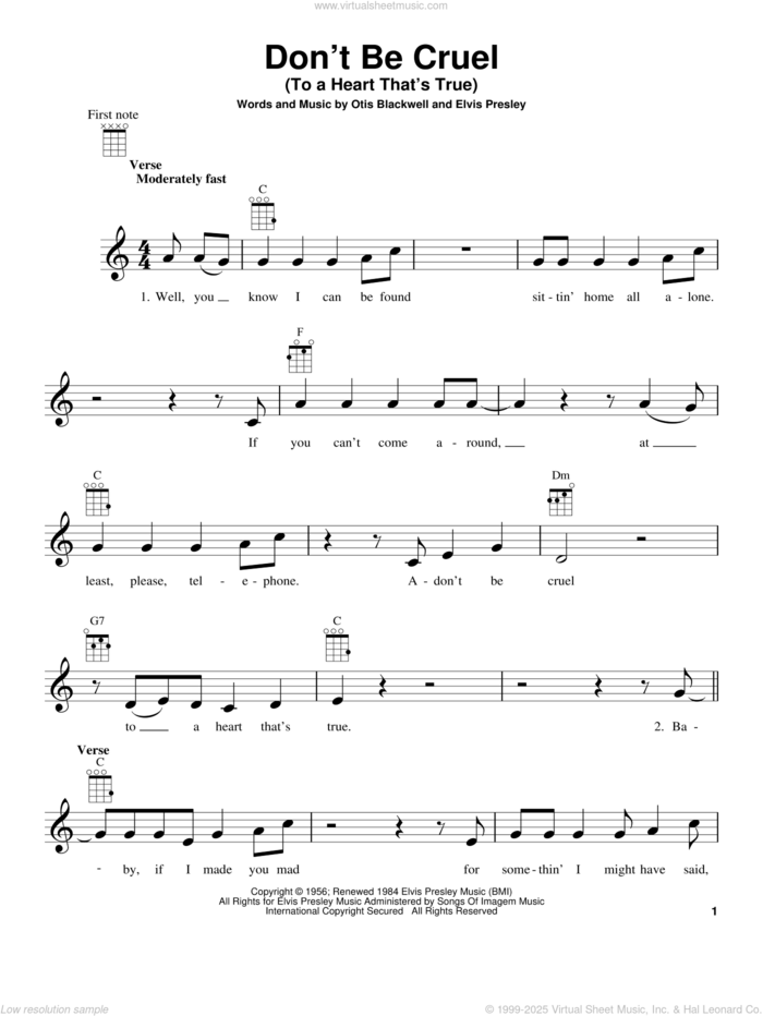 Don't Be Cruel (To A Heart That's True) sheet music for ukulele by Elvis Presley and Otis Blackwell, intermediate skill level