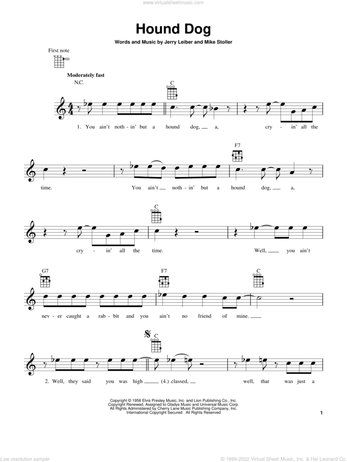 Hound Dog sheet music for ukulele by Elvis Presley, Jerry Leiber and Mike Stoller, intermediate skill level