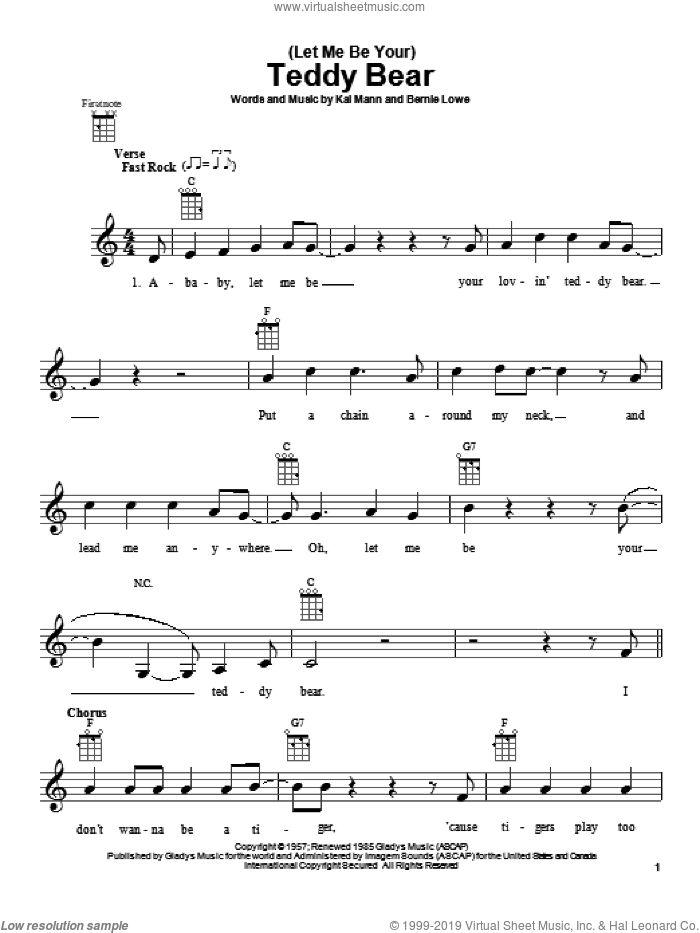 (Let Me Be Your) Teddy Bear sheet music for ukulele by Elvis Presley, Bernie Lowe and Kal Mann, intermediate skill level