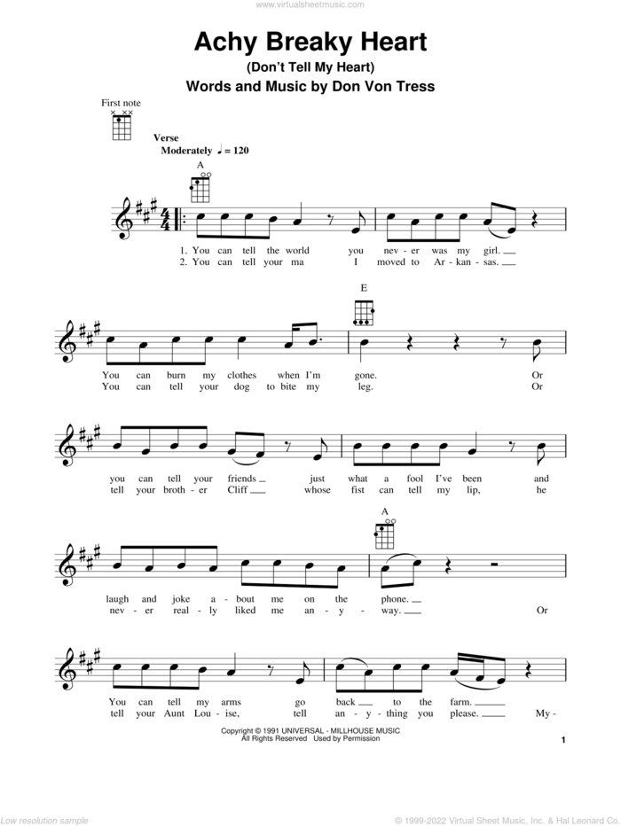 Achy Breaky Heart (Don't Tell My Heart) sheet music for ukulele by Billy Ray Cyrus and Don Von Tress, intermediate skill level