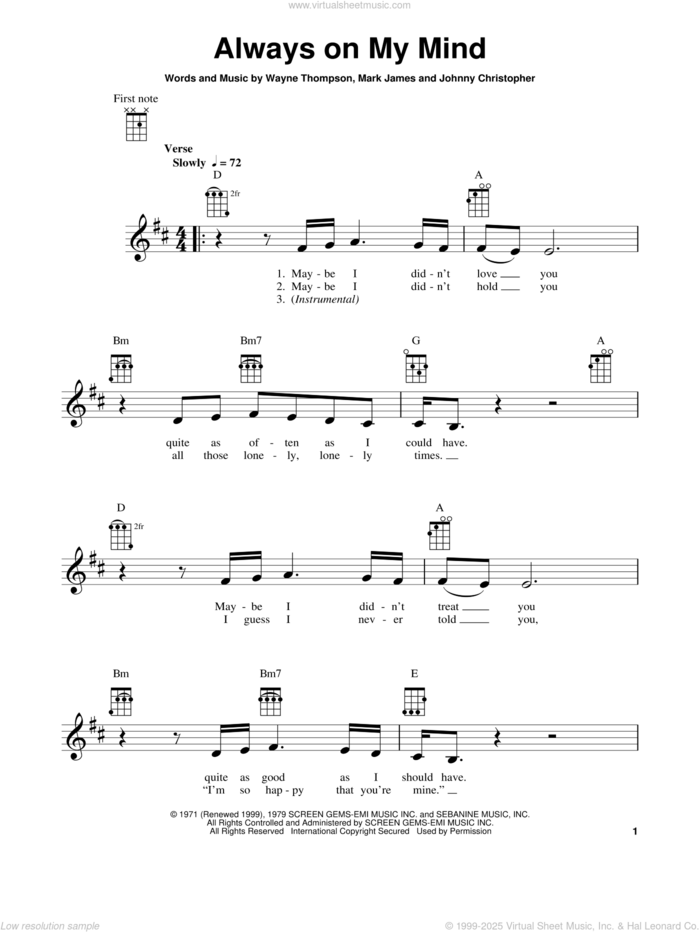 Always On My Mind (from The Daily Ukulele) sheet music for ukulele by Elvis Presley, Johnny Christopher, Mark James and Wayne Thompson, intermediate skill level