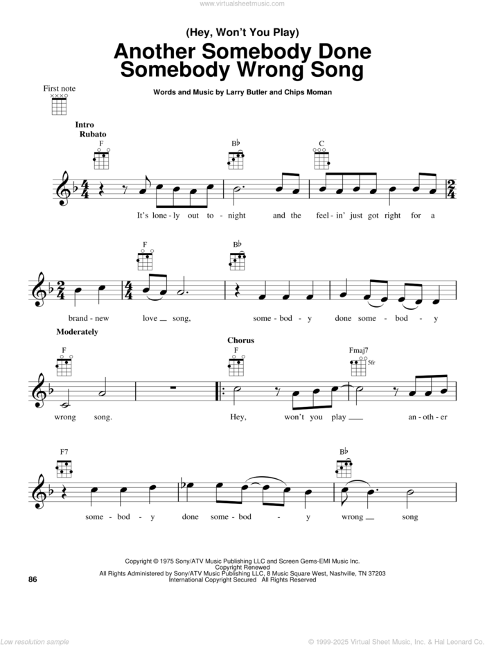 (Hey, Won't You Play) Another Somebody Done Somebody Wrong Song sheet music for ukulele by B.J. Thomas, Chips Moman and Larry Butler, intermediate skill level