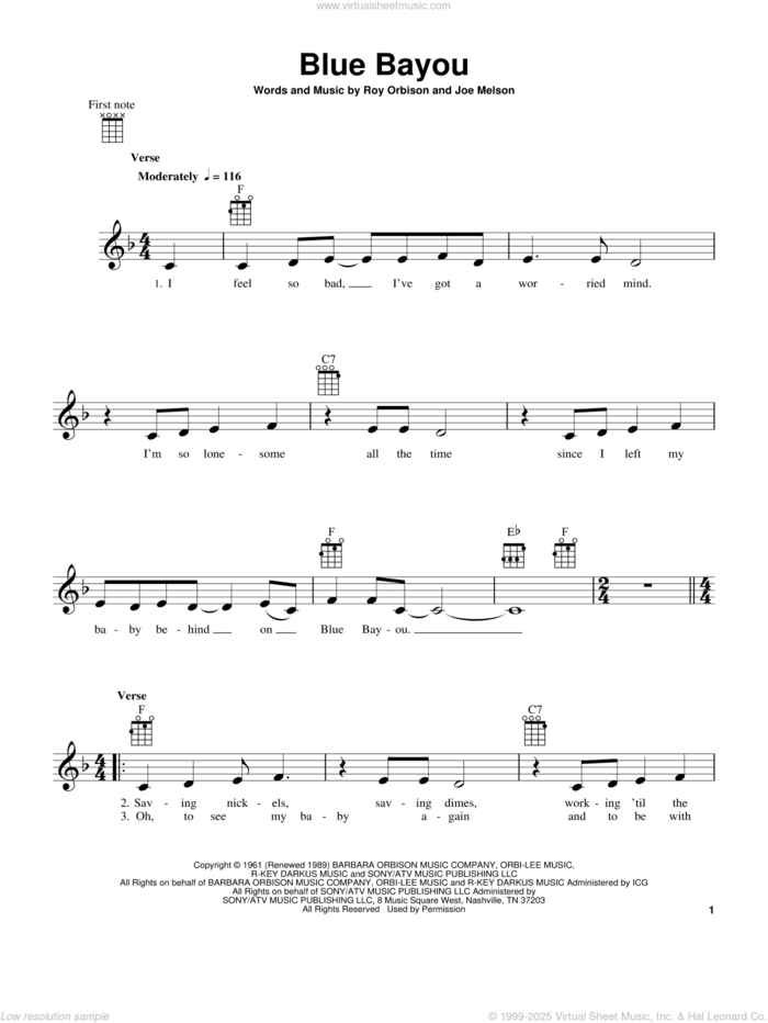 Blue Bayou sheet music for ukulele by Roy Orbison, Linda Ronstadt and Joe Melson, intermediate skill level