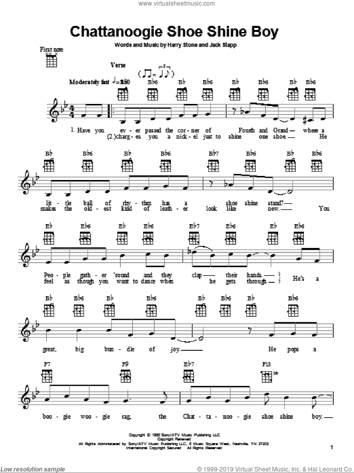 Chattanoogie Shoe Shine Boy sheet music for ukulele by Red Foley, Harry Stone and Jack Stapp, intermediate skill level