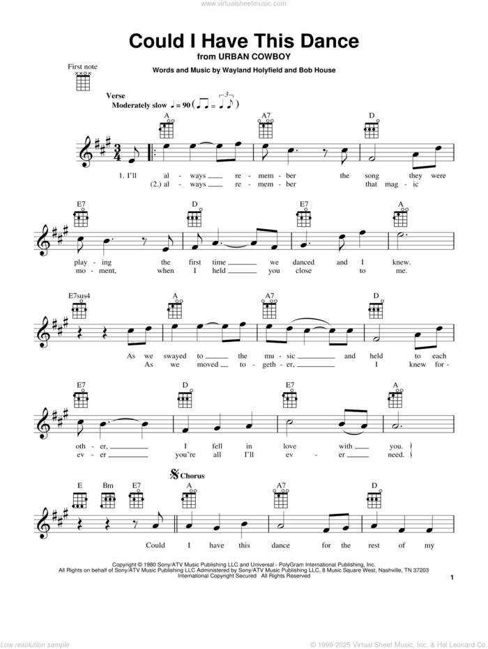 Could I Have This Dance sheet music for ukulele by Anne Murray, Bob House and Wayland Holyfield, wedding score, intermediate skill level