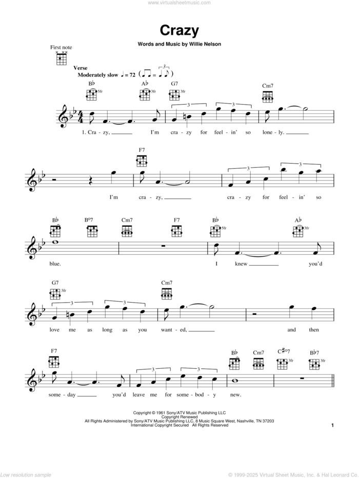 Crazy sheet music for ukulele by Willie Nelson and Patsy Cline, intermediate skill level