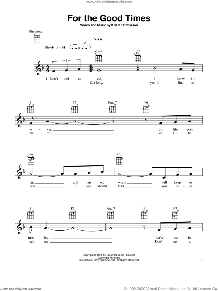 For The Good Times sheet music for ukulele by Elvis Presley and Kris Kristofferson, intermediate skill level