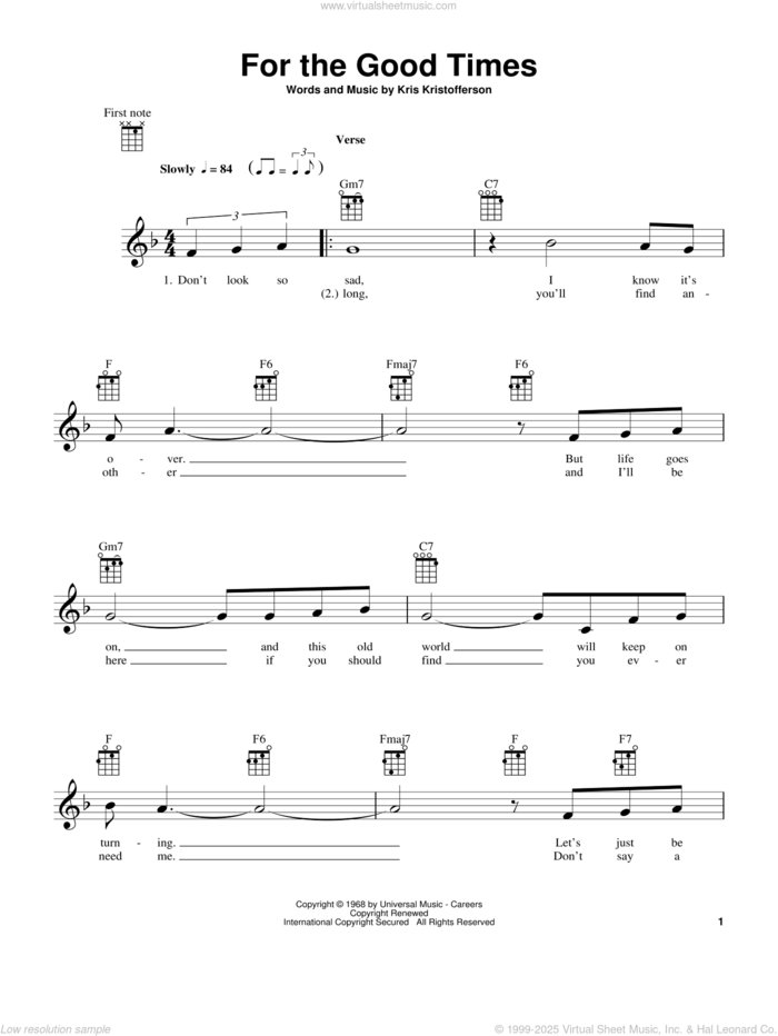 For The Good Times sheet music for ukulele by Elvis Presley and Kris Kristofferson, intermediate skill level