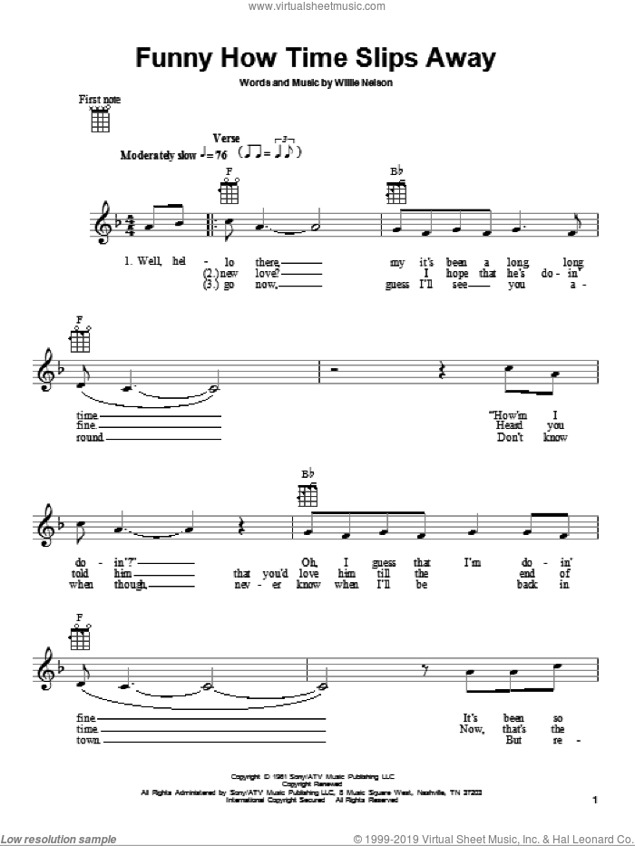 Funny How Time Slips Away sheet music for ukulele by Elvis Presley and Willie Nelson, intermediate skill level