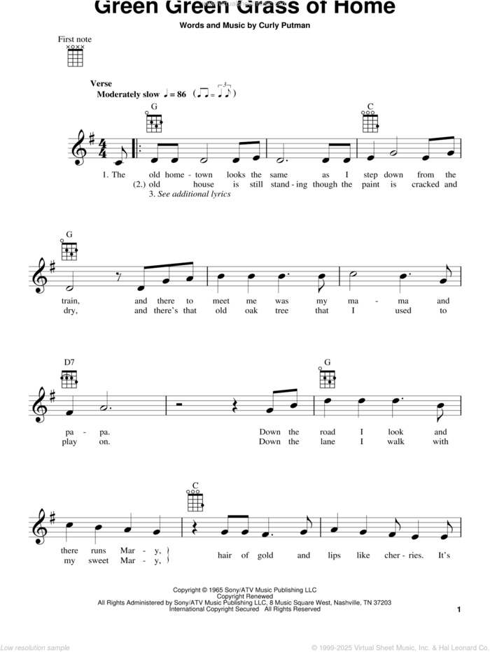 Green Green Grass Of Home sheet music for ukulele by Porter Wagoner and Curly Putman, intermediate skill level