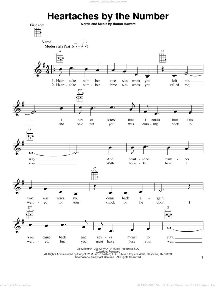 Heartaches By The Number sheet music for ukulele by Guy Mitchell, Ray Price and Harlan Howard, intermediate skill level