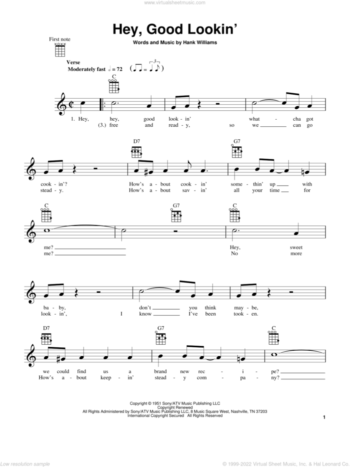Hey, Good Lookin' sheet music for ukulele by Hank Williams, intermediate skill level