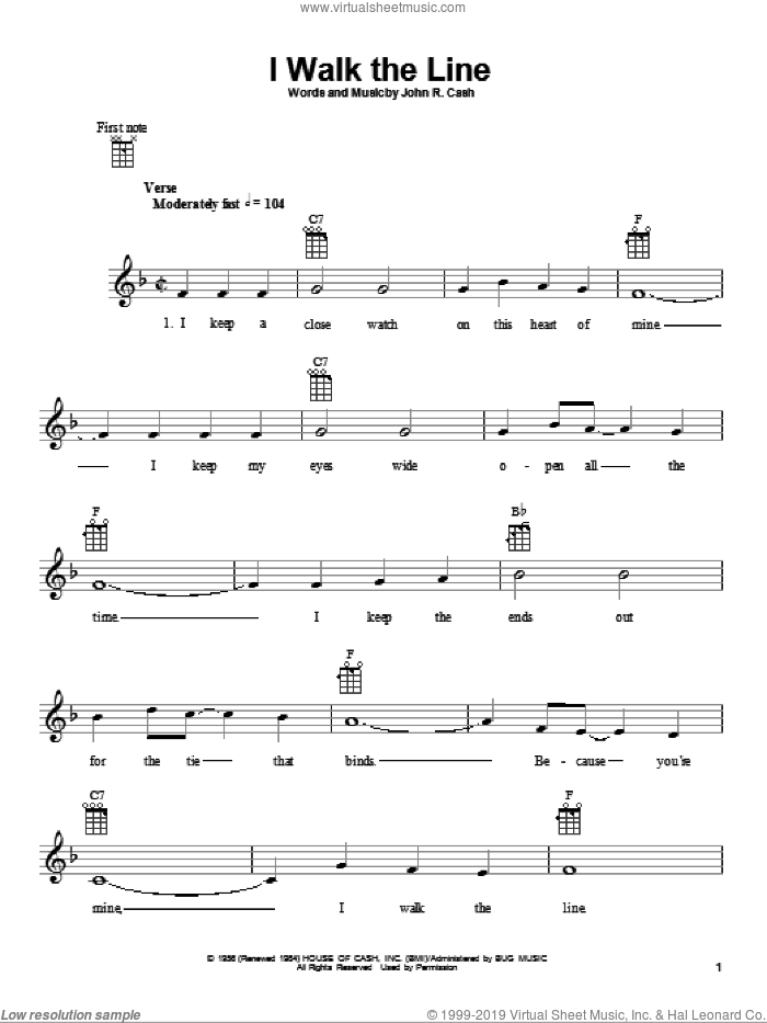 I Walk The Line sheet music for ukulele by Johnny Cash, intermediate skill level