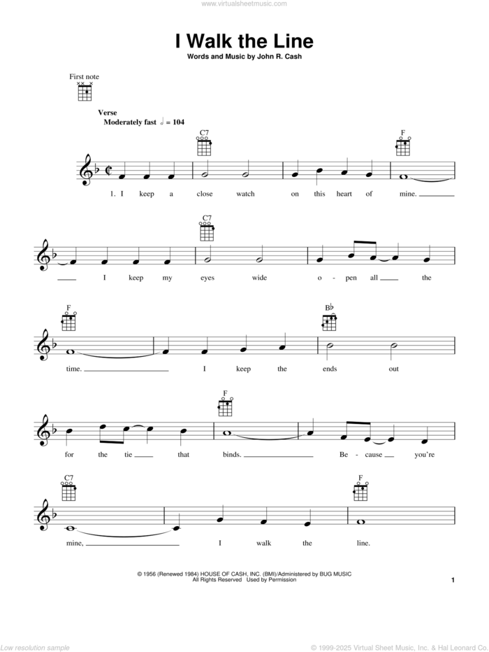 I Walk The Line sheet music for ukulele by Johnny Cash, intermediate skill level