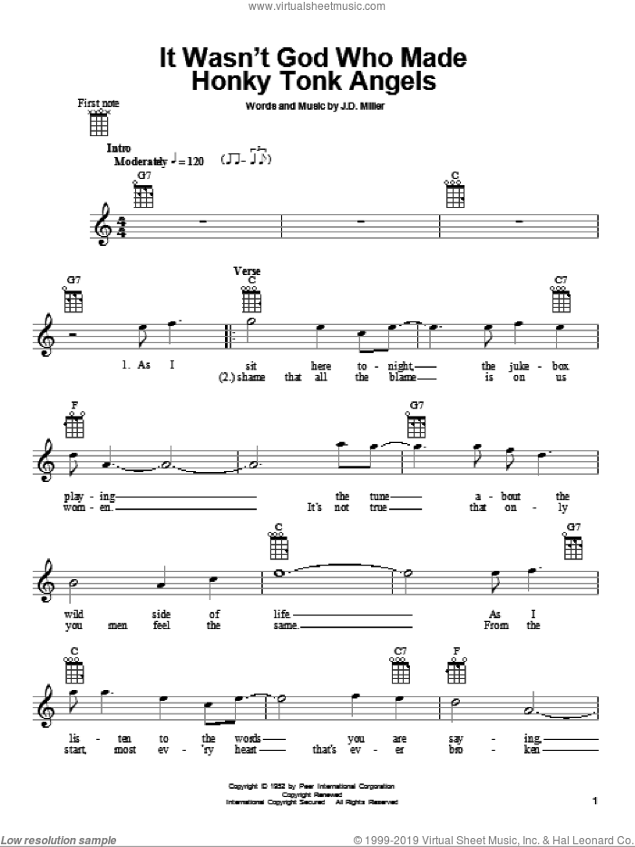 It Wasn't God Who Made Honky Tonk Angels sheet music for ukulele by Kitty Wells and J.D. Miller, intermediate skill level