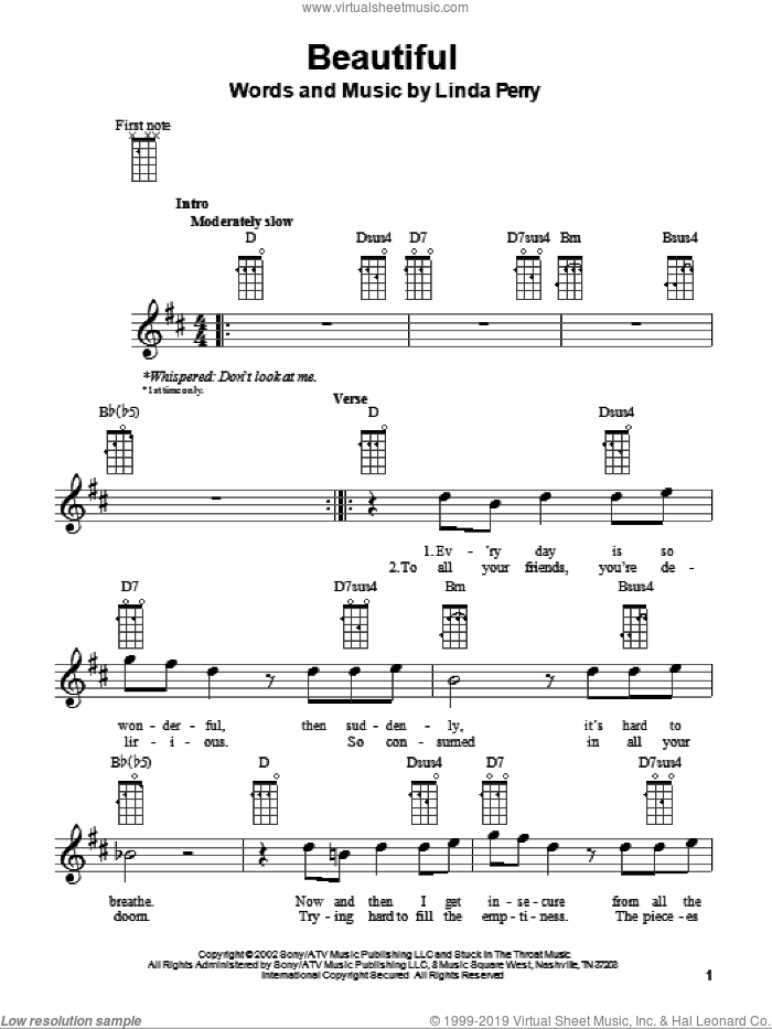 Beautiful sheet music for ukulele by Christina Aguilera, Glee Cast and Linda Perry, intermediate skill level