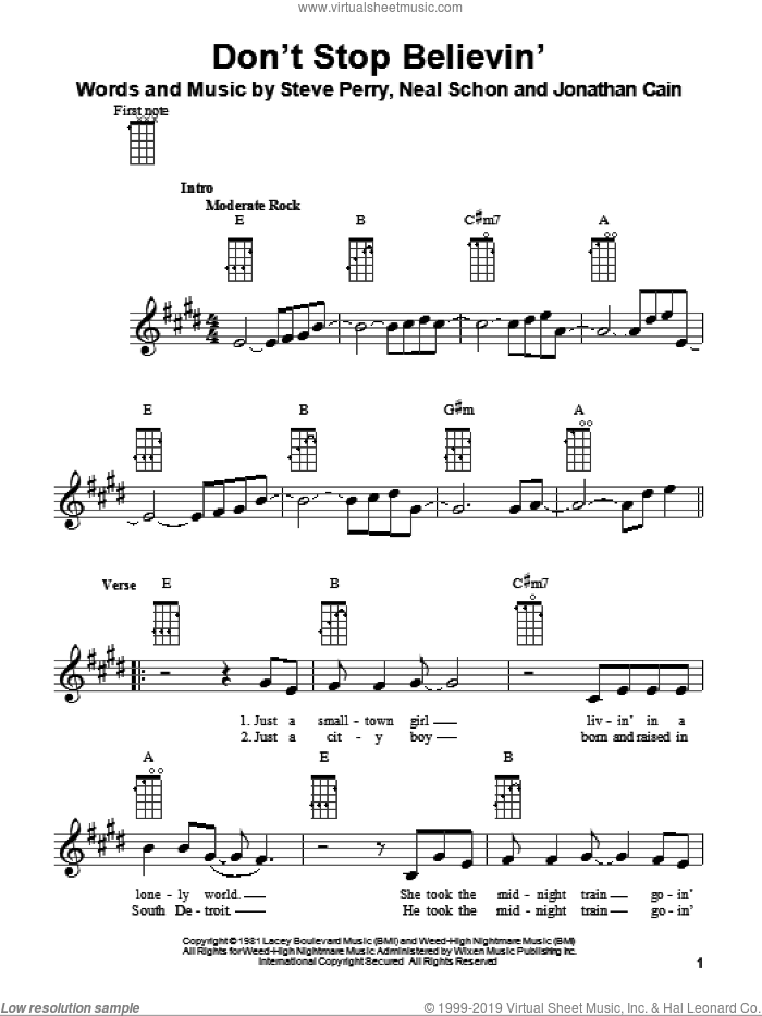 Don't Stop Believin' sheet music for ukulele by Glee Cast, Jonathan Cain, Journey, Neal Schon and Steve Perry, intermediate skill level
