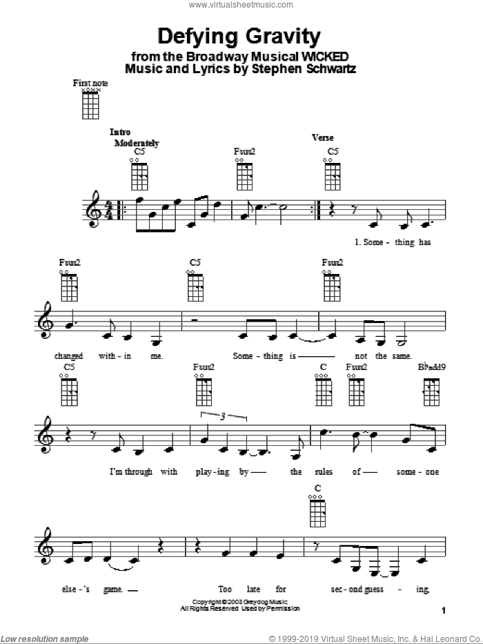 Defying Gravity (from Wicked) sheet music for ukulele by Stephen Schwartz and Glee Cast, intermediate skill level