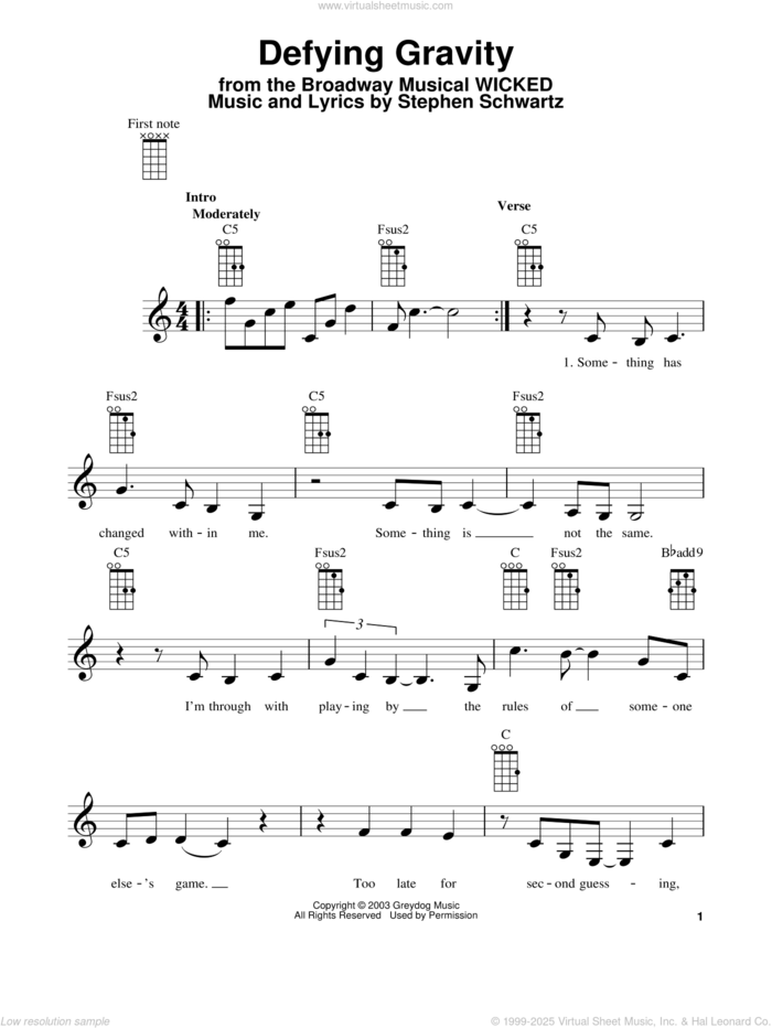 Defying Gravity (from Wicked) sheet music for ukulele by Stephen Schwartz and Glee Cast, intermediate skill level