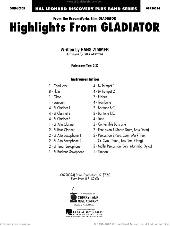 Highlights from Gladiator (arr. Paul Murtha) (COMPLETE) sheet music for concert band by Paul Murtha and Hans Zimmer, intermediate skill level