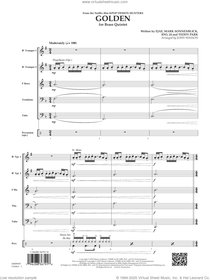 Golden (from KPop Demon Hunters) (arr. John Wasson) (COMPLETE) sheet music for concert band by John Wasson, 24, EJAE (aka Kim Eun-jae), Huntr/x (Ejae, Audrey Nuna and Rei Ami), Ido, Mark Sonnenblick and Teddy Park (aka Park Hong-jun), intermediate skill level