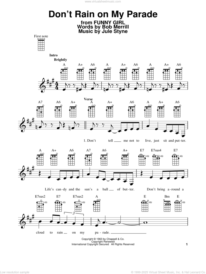 Don't Rain On My Parade sheet music for ukulele by Bob Merrill, Barbra Streisand, Glee Cast and Jule Styne, intermediate skill level