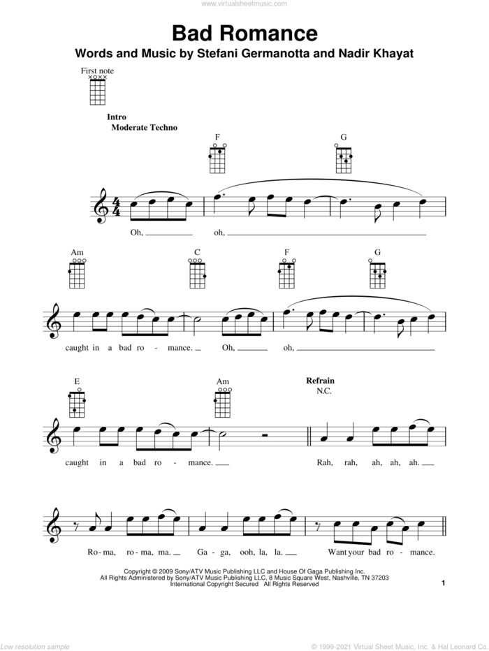 Bad Romance sheet music for ukulele by Glee Cast, Lady GaGa, Lady Gaga and Nadir Khayat, intermediate skill level