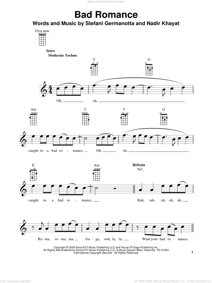 Bad Romance sheet music for ukulele by Glee Cast, Lady GaGa, Lady Gaga and Nadir Khayat, intermediate skill level