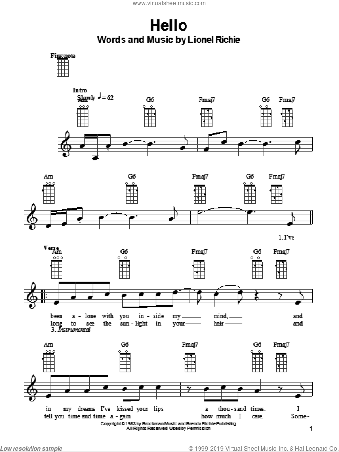 Hello sheet music for ukulele by Lionel Richie and Glee Cast, intermediate skill level