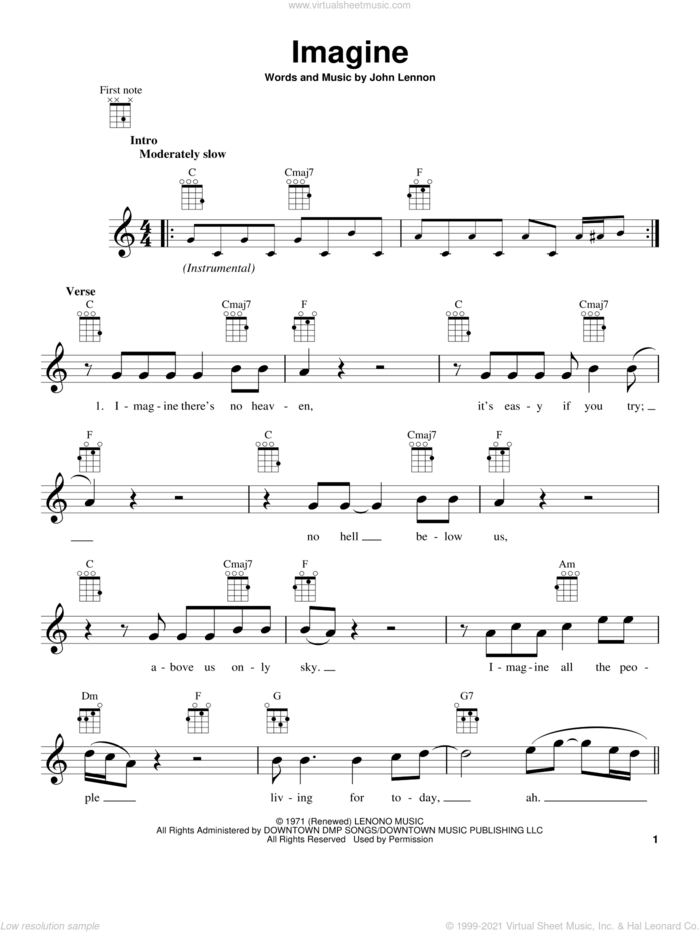 Imagine sheet music for ukulele by John Lennon and Glee Cast, intermediate skill level