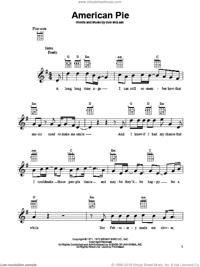 American Pie sheet music for ukulele by Don McLean, intermediate skill level