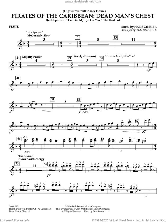 Highlights from Pirates Of The Caribbean: Dead Man's Chest sheet music for concert band (flute) by Hans Zimmer and Ted Ricketts, intermediate skill level