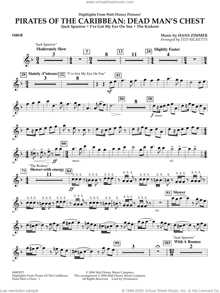 Highlights from Pirates Of The Caribbean: Dead Man's Chest sheet music for concert band (oboe) by Hans Zimmer and Ted Ricketts, intermediate skill level