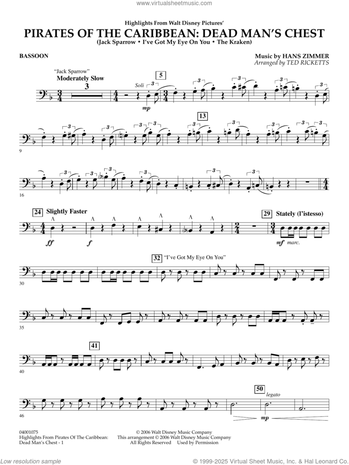 Highlights from Pirates Of The Caribbean: Dead Man's Chest sheet music for concert band (bassoon) by Hans Zimmer and Ted Ricketts, intermediate skill level