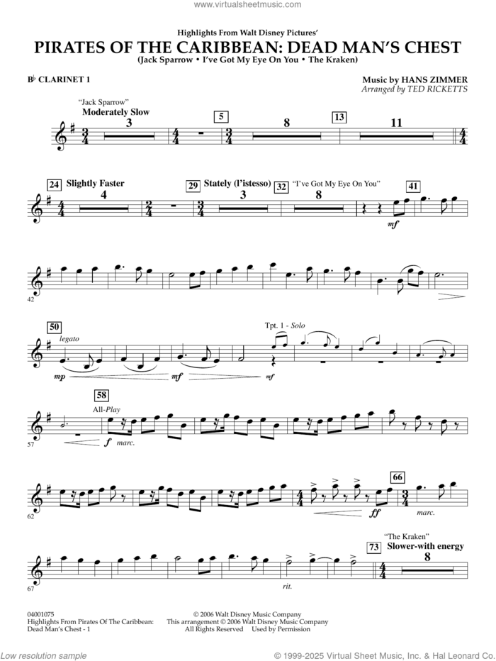 Highlights from Pirates Of The Caribbean: Dead Man's Chest sheet music for concert band (Bb clarinet 1) by Hans Zimmer and Ted Ricketts, intermediate skill level